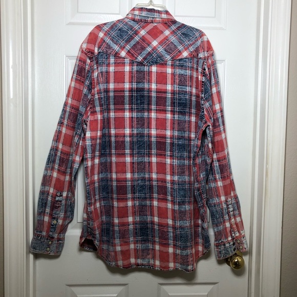 Lucky Brand Washed & Worn Cotton Red White Blue Pearl Snap Plaid Shirt L - Picture 7 of 15